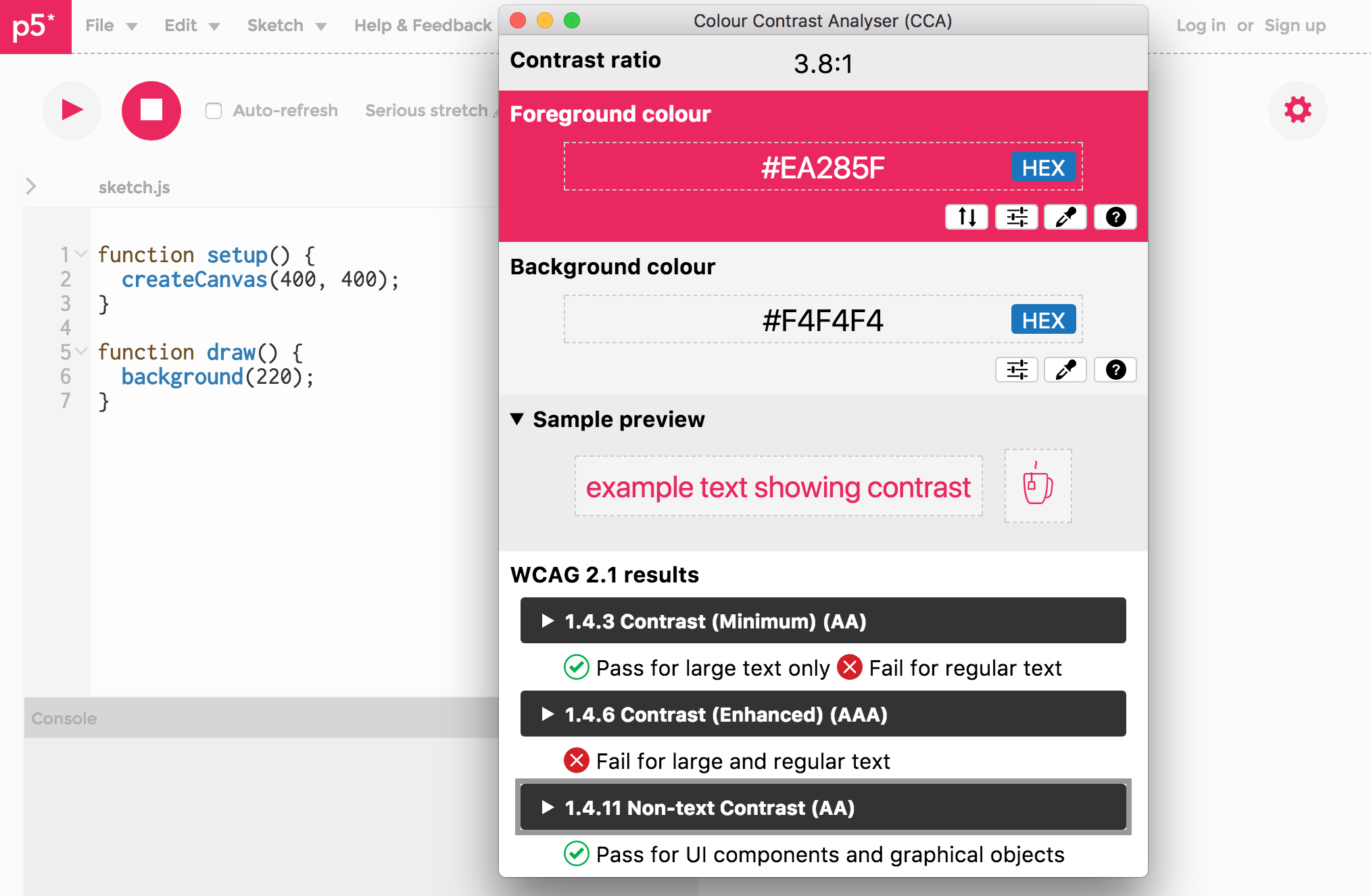 p5 web editor and use of Colour Contrast Analyser (CCA) for point color